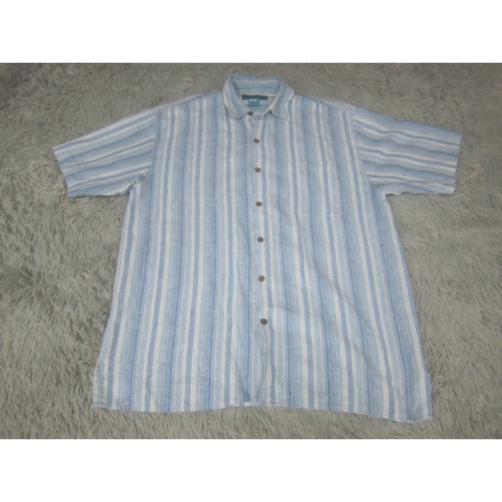 Paradise Blue Shirt Mens Large Blue Striped Short Sleeve Button Up Hemp Casual